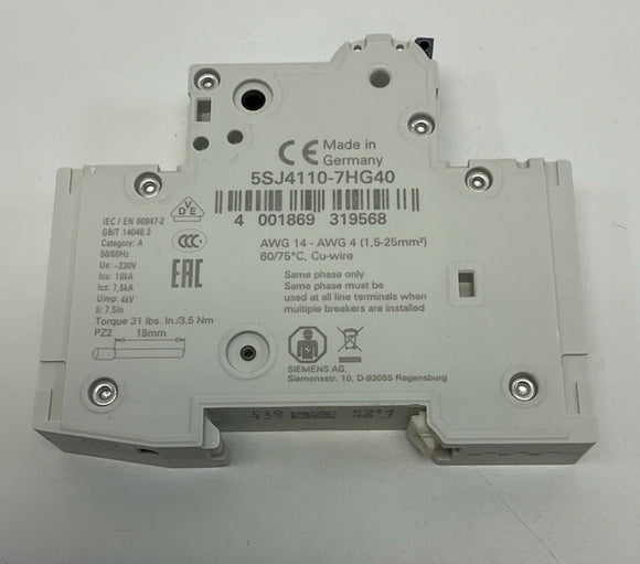 Siemens 5SJ4110-7HG40 10 Amp Circuit Breaker DIN Mount 240VAC
