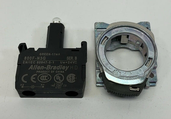 Allen Bradley 800F-MN3 Green LED Back of Panel Lamp and Contact 24VAC