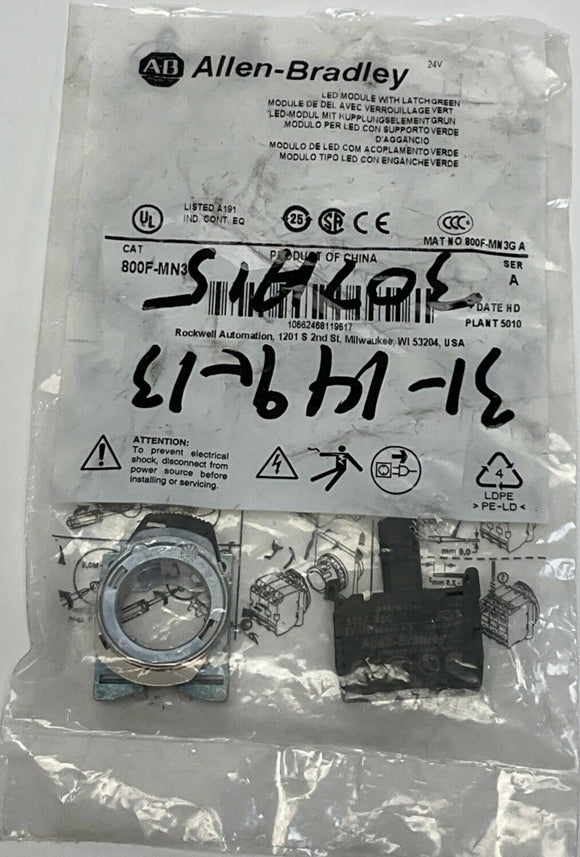 Allen Bradley 800F-MN3 Green LED Back of Panel Lamp and Contact 24VAC