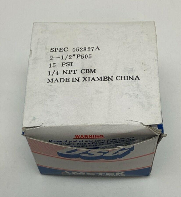 Ametek USG 052827A 2-1/2" 15 PSI Gauge 1/4" NPT Rear Center
