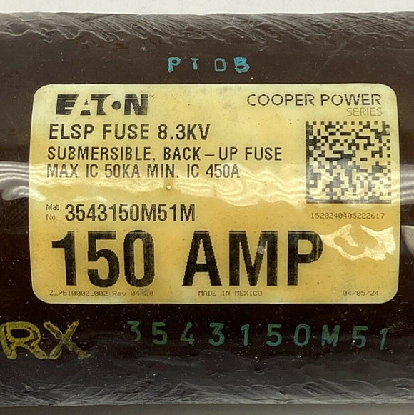 Eaton Cooper 3543150M51M Power Series ELSP Fuse 8.3KV, 150-Amp, 50kA Max 8300V