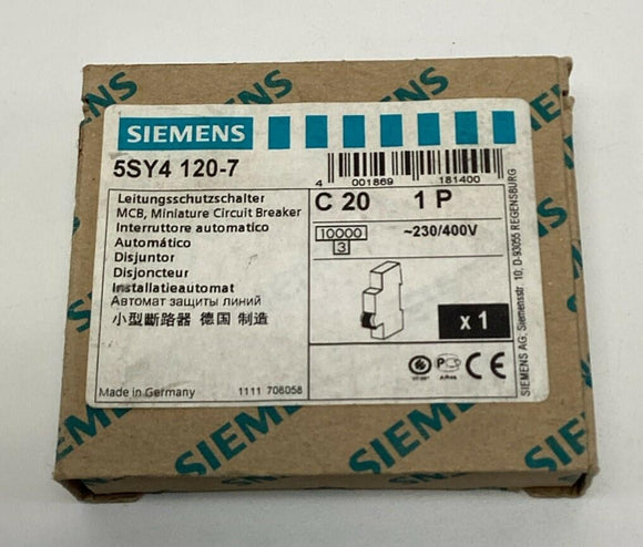 Siemens 5SY4-120-7 / 5SY41-MCB-C20 20-Amp, 1-Pole Circuit Breaker 230/400VAC