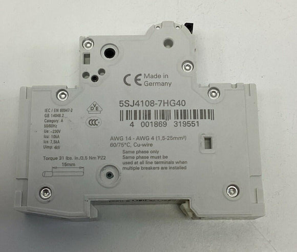 Siemens 5SJ4108-7HG40 8-Amp, 1-Pole Circuit Breaker 230V