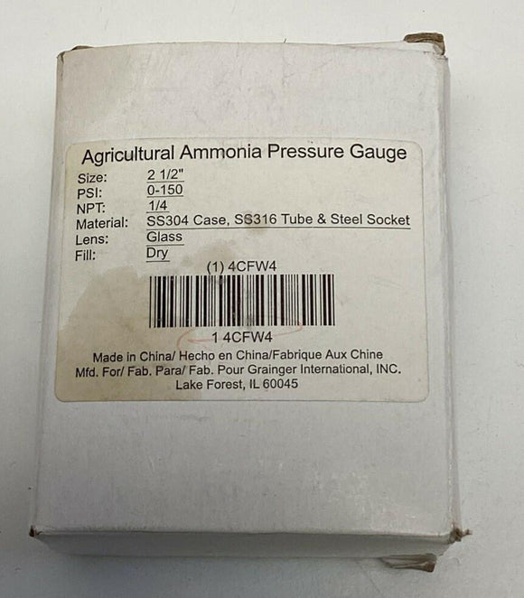 Grainger 4CFW4 Ammonia Pressure Gauge 2-1/2", 0-150 PSI 1/4" NPT