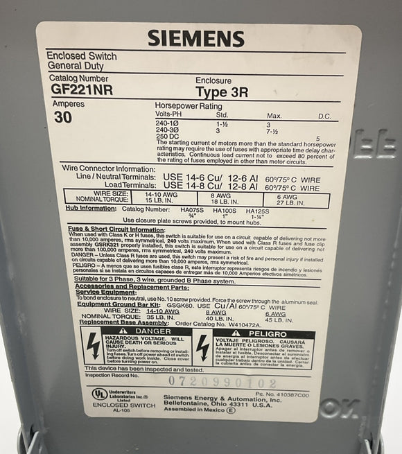 Siemens GF221NR General Duty Safety Safety Switch, 30-Amp, 2-Pole,  240V