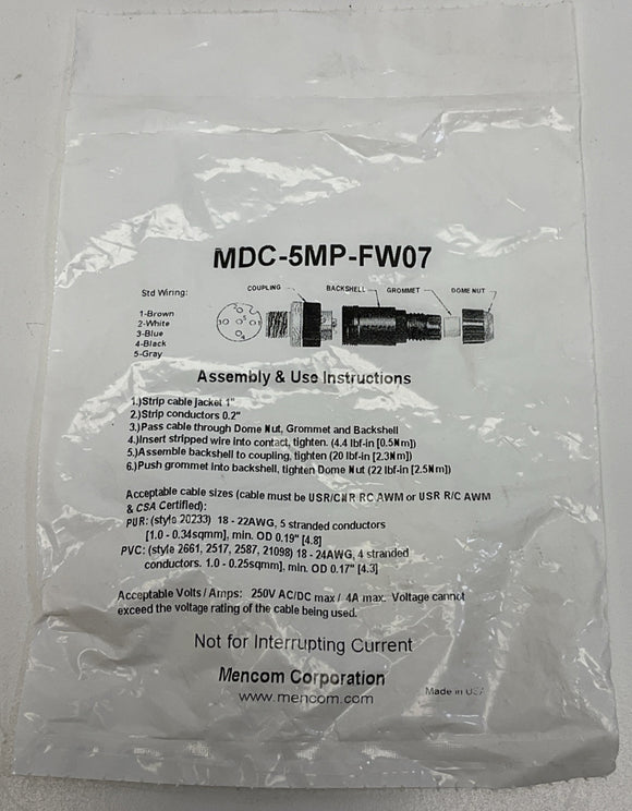 Mencom MDC-5MP-FW07 Micro Field Connector, 5-Pin, 5 Pole Male