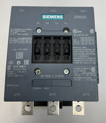 Siemens 3RT1054-3AR38-0PR0 Contactor 3-Phase 140 Amp, 600VAC, 440/480 AC/DC Coil - 0
