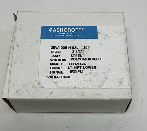 Ashcroft 25W1005-H-02L-30# 2-1/2" 30 PSI Gauge 1/4" NPT, Brass Socket
