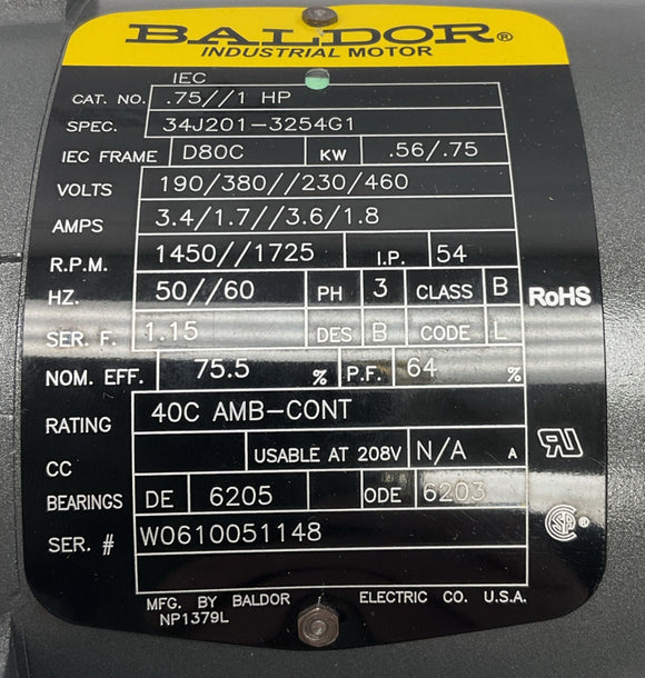 Baldor 34J201-3254G1 Industrial Motor 190-380V  230-460V  1450/1725 RPM