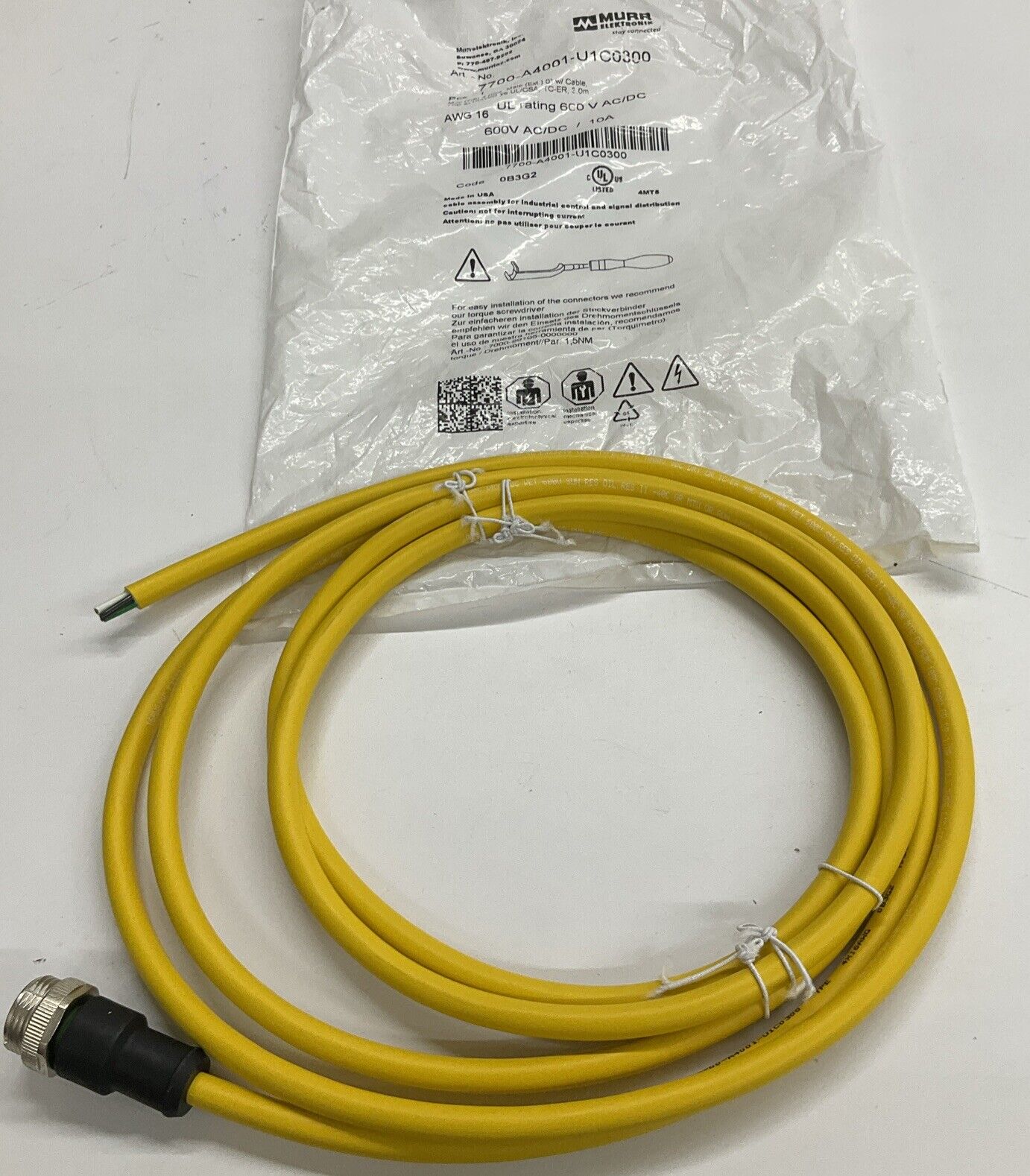 Murr 7700-A4001-U1C0300 7/8 Mini Male Single-End 4-Pole 3-Meter Cable (CBL110) - 0