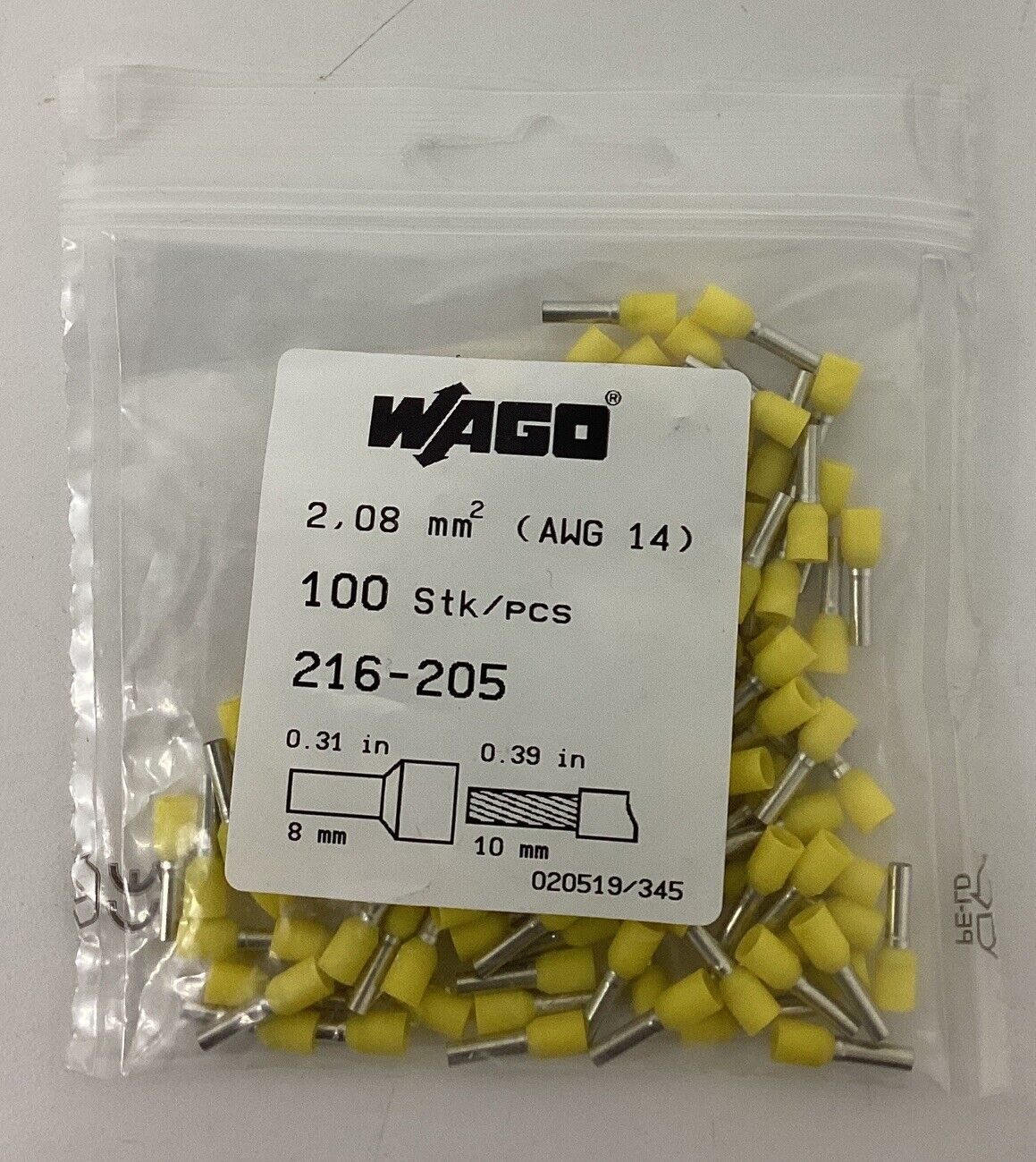 Wago 216-205 Pkg of 100 Ferrule 14 AWG Yellow (BL268)