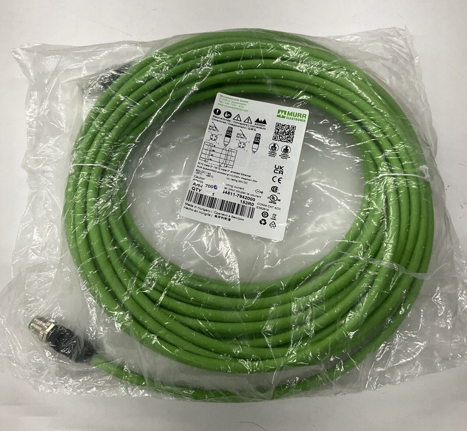 Murr 7000-44511-7942000 M12, 4-Pole Shielded M/M Cable 20M (CBL155)