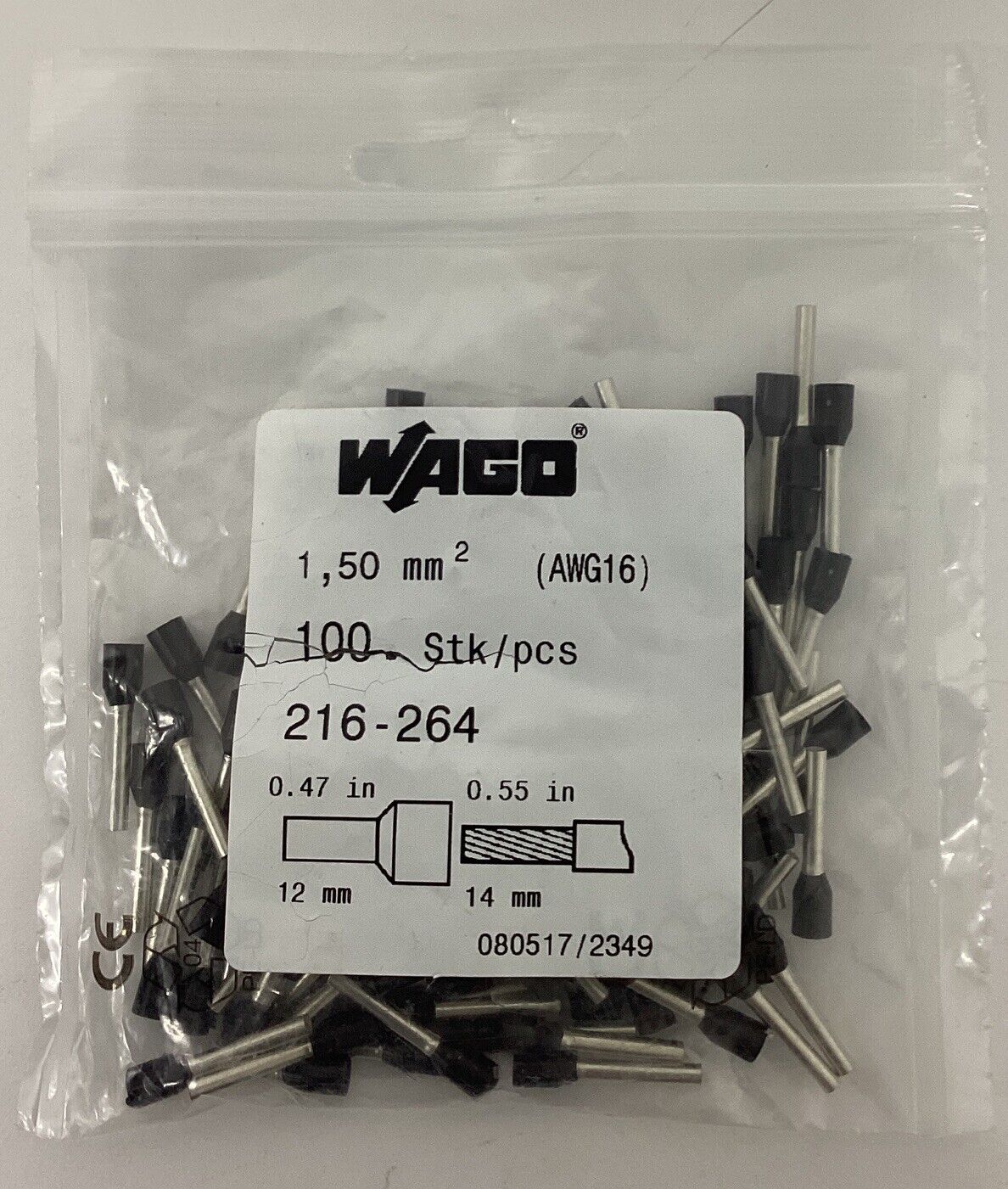 Wago 216-264 Pkg of 100 Ferrule 16 AWG Black (BL270)