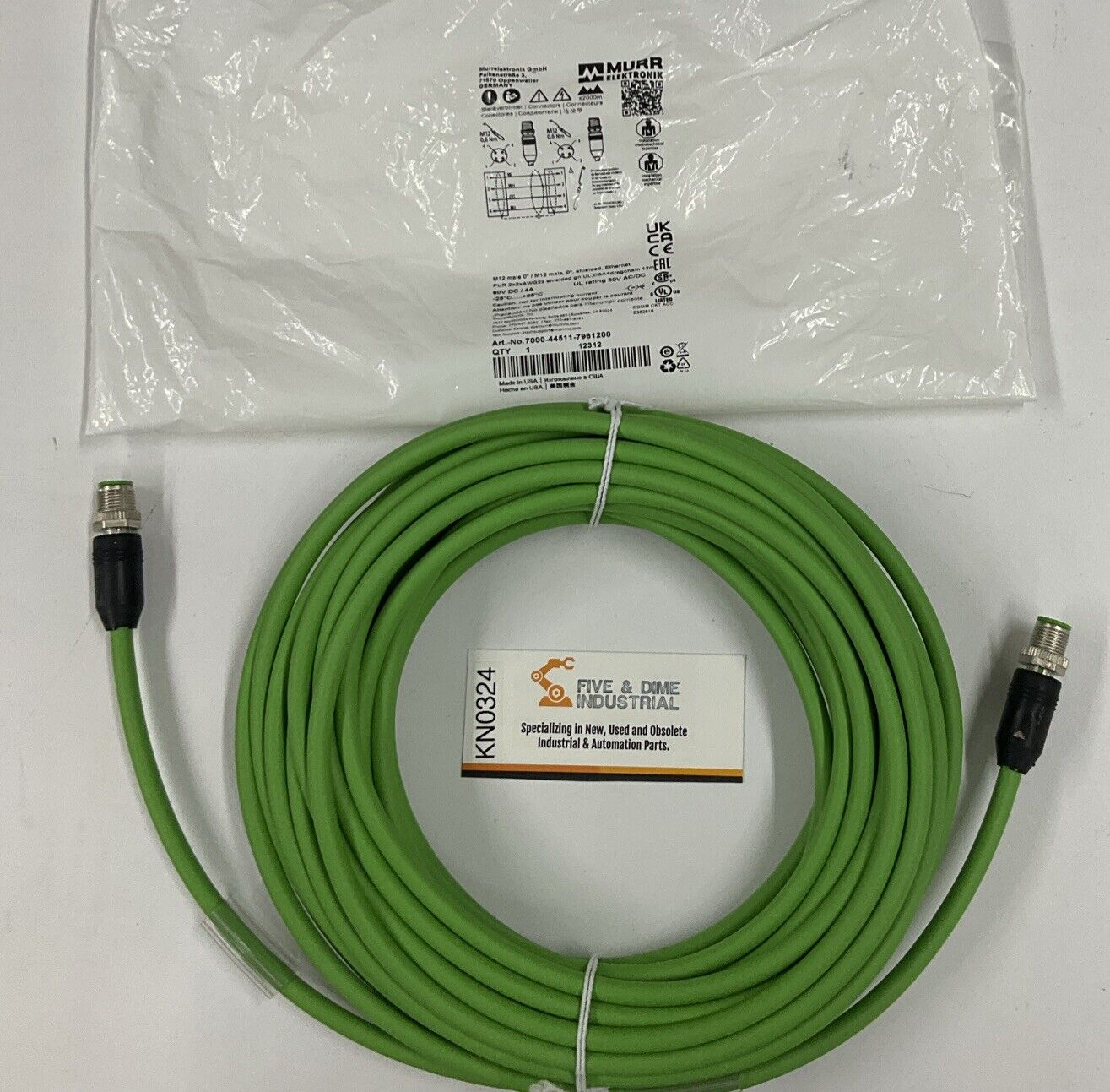 Murr 7000-44511-7961200 M12, Male/Male, 4-Pin, 12 Meters Ethernet Cable (CBL106)
