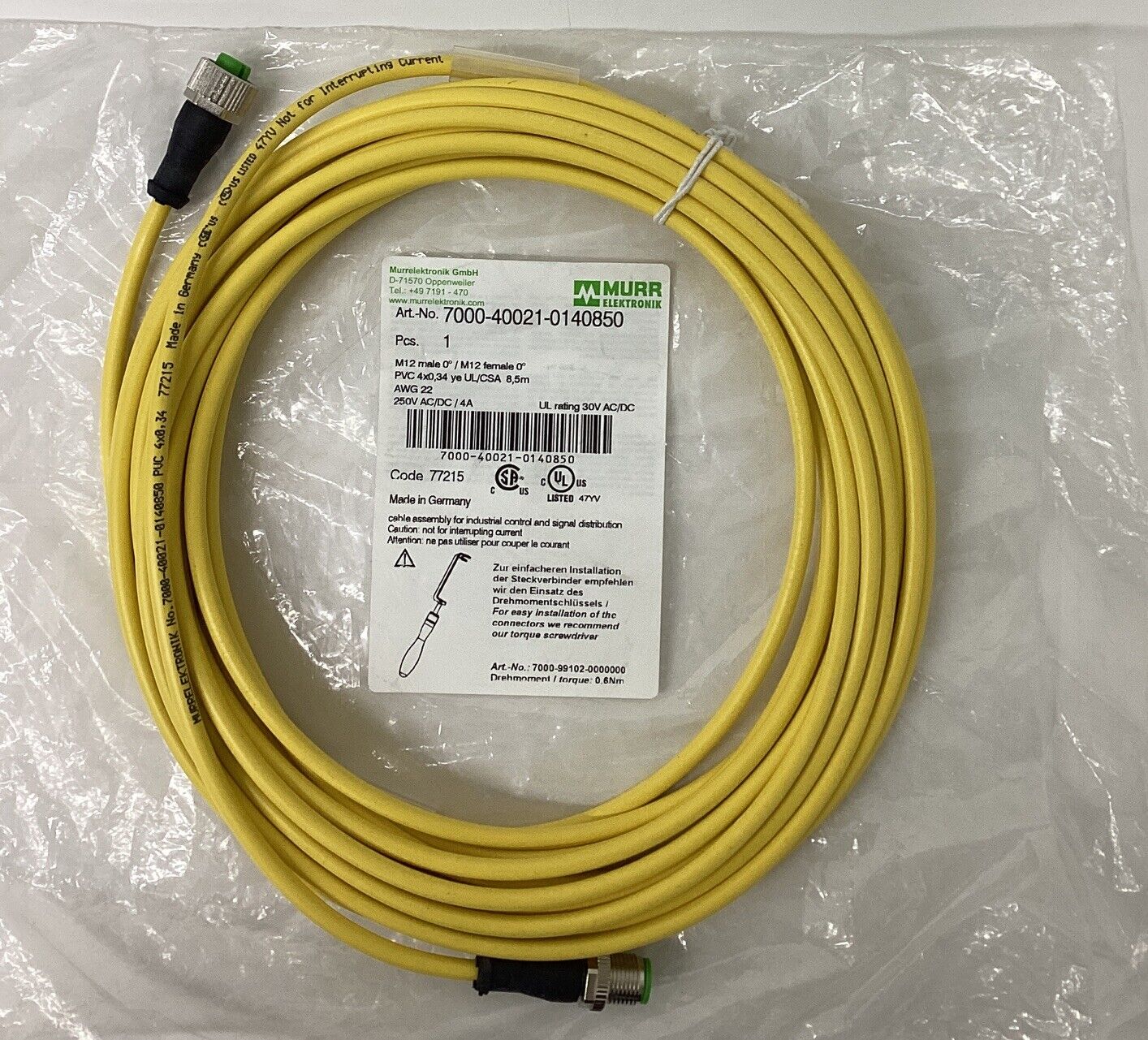 Murr 7000-40021-0140850 M12, 4-Pole, Male/Female Cable 8.5M (YE256)