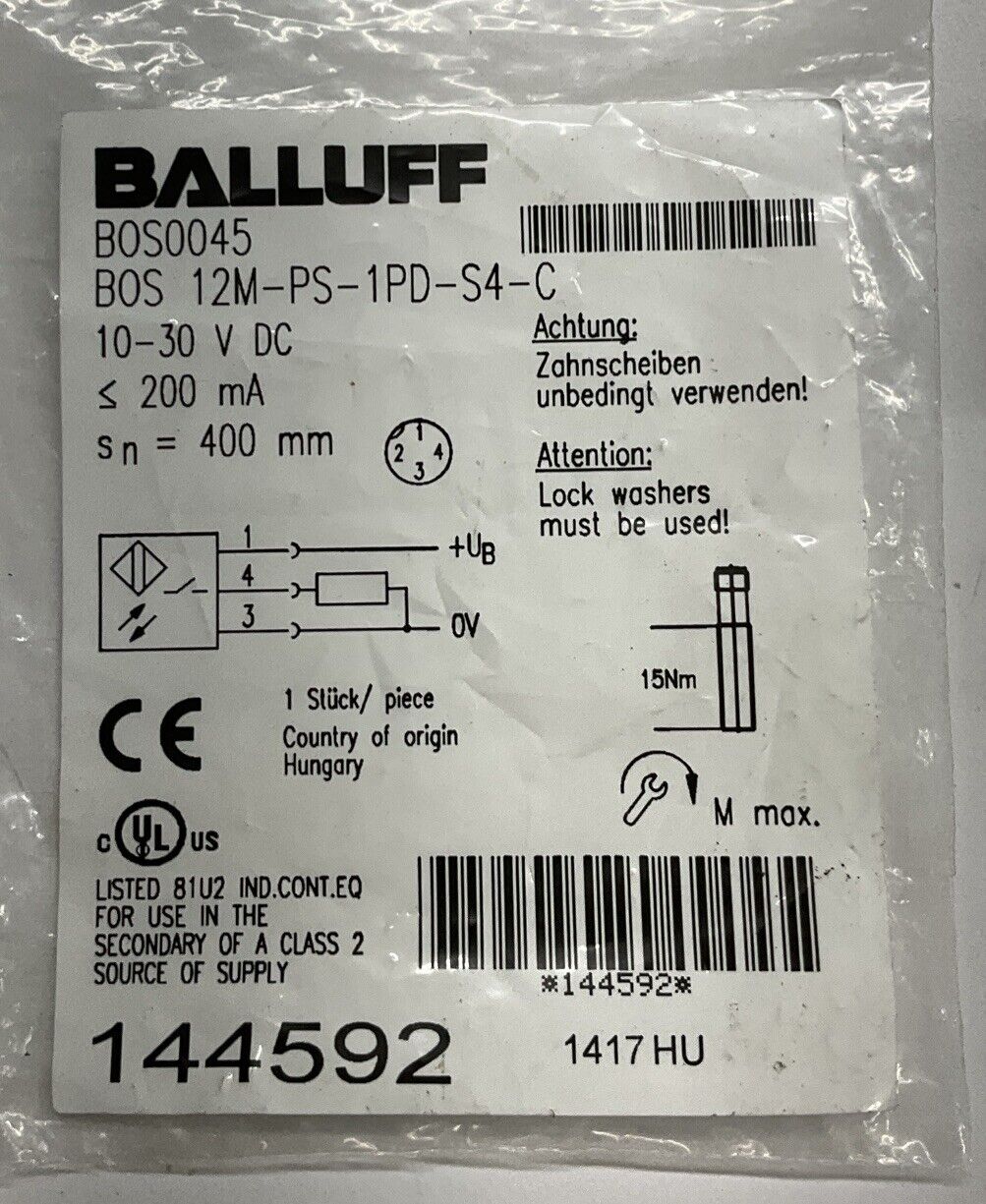 Balluff BOS0045 / BOS 12M-PS-1PD-S4-C Diffuse Sensor, 10-30VDC (BL269)