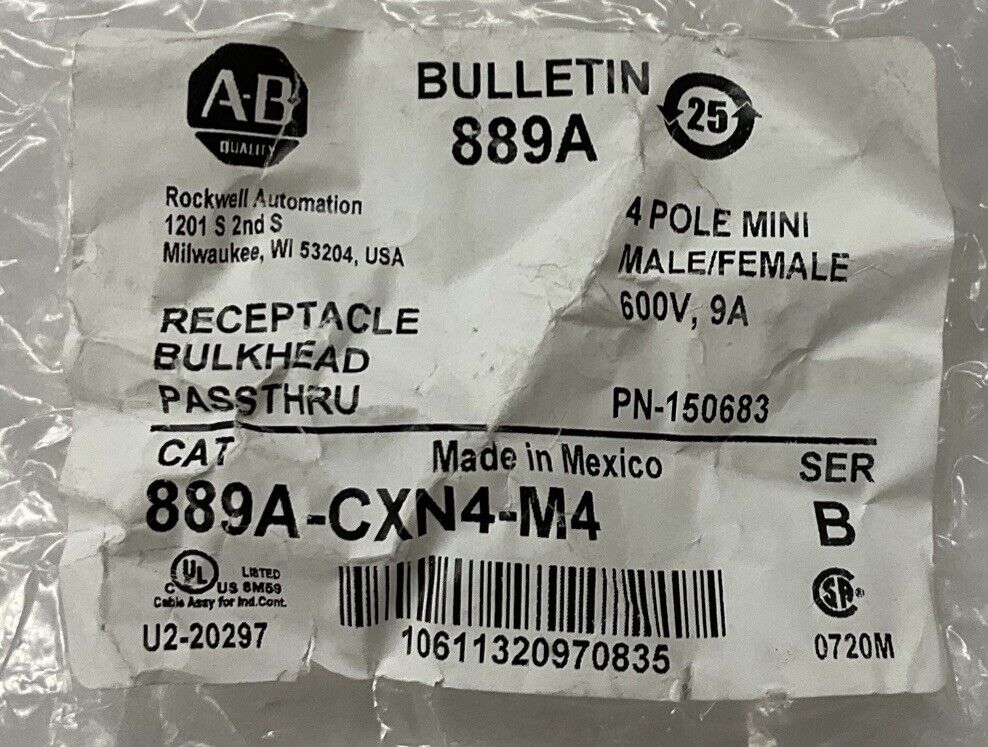 Allen Bradley 889A-CXN4-M4 4-Pole Mini Bulkhead Receptacle (BL277)