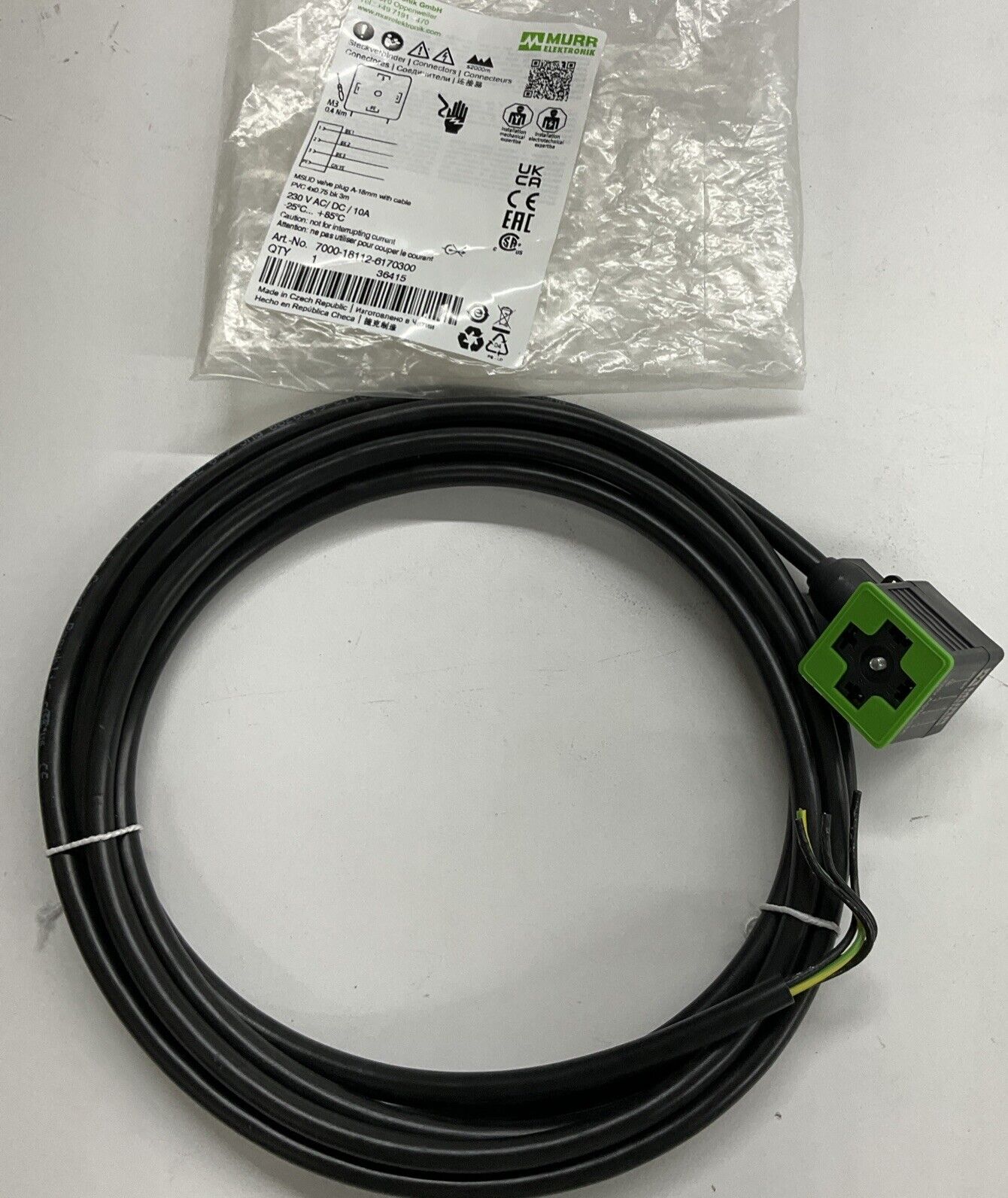 Murr 7000-18112-6170300 MSUD Valve Plug A-18mm w/ 3-Meter Cable (CBL112) - 0