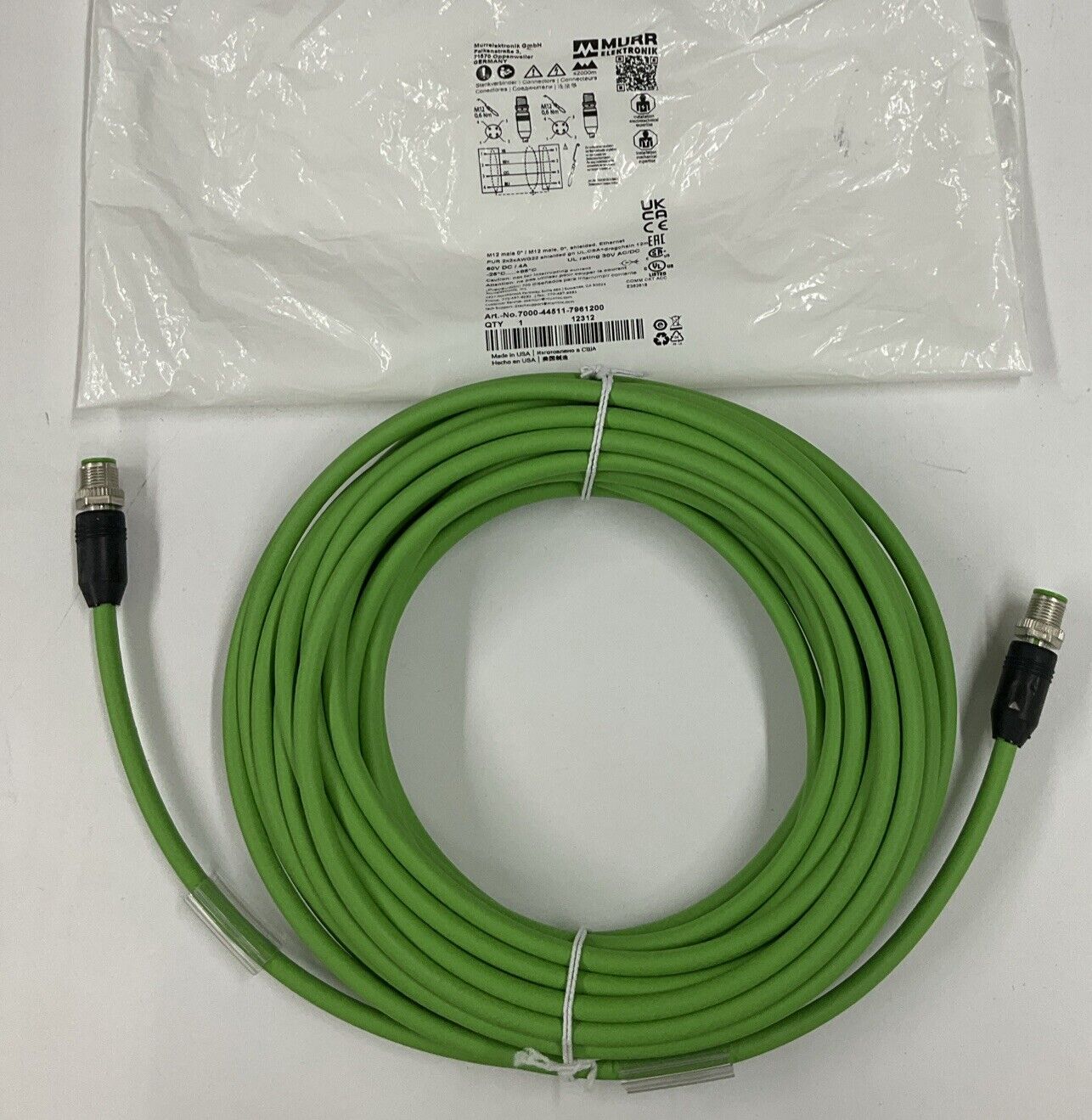 Murr 7000-44511-7961200 M12, Male/Male, 4-Pin, 12 Meters Ethernet Cable (CBL106) - 0