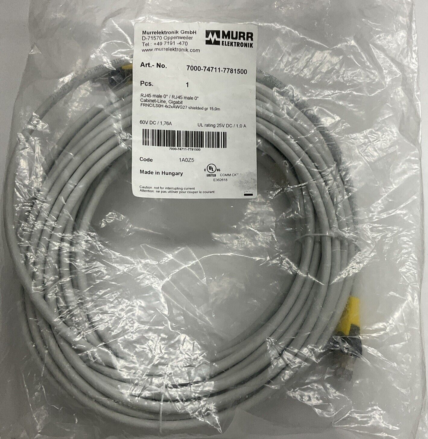 Murr 7000-74711-7781500 Gigabit Shielded RJ45 Male/Male 15-Meter Cable (CBL122) - 0