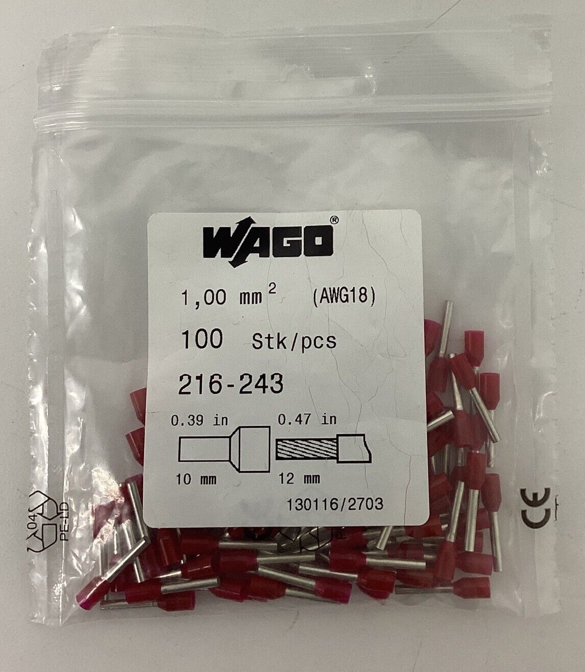 Wago 216-243 Package of 100 Ferrule 18 AWG Red (YE257)
